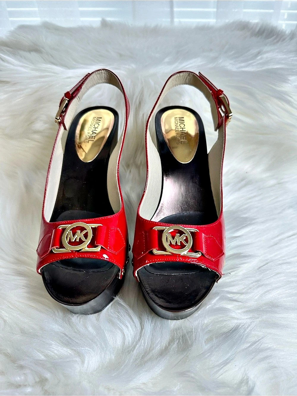 Michael Kors Red Patent Wedge Sandals Gold MK Logo